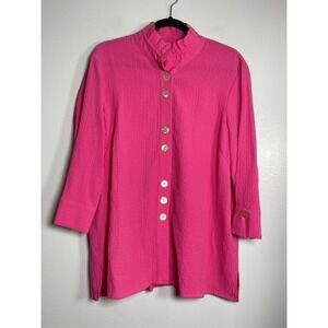 ALI MILES Crinkle Texture Button Front Tunic Top Large Pink Blouse Casual Beach
